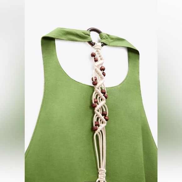 Zara MACRAMÉ BACK LINEN BLEND HALTER DRESS. Light Green. Size L. New with Tags. - Picture 5 of 5